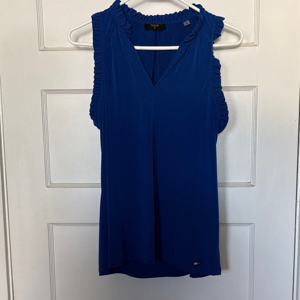 Tahari Cobalt Blue Ruffled Sleeveless V-Neck Top Size SP
